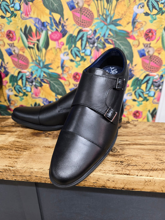 Davies Black Leather Monk Strap Shoes by Front