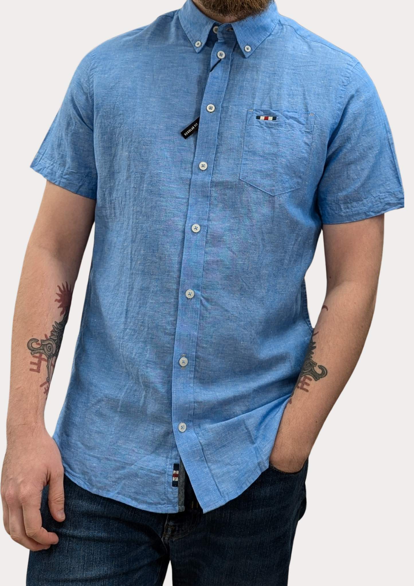 FQ1924 Blue Short Sleeve Linen Shirt