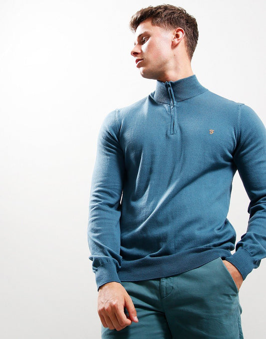 Farah Redchurch Cotton 1/4 Zip Collared Jumper in Ocean